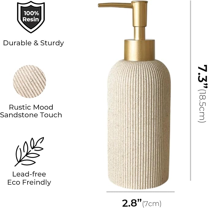 Sandstone Textured Soap Dispenser with Brushed Brass Pump - Sand Beige (200ml)