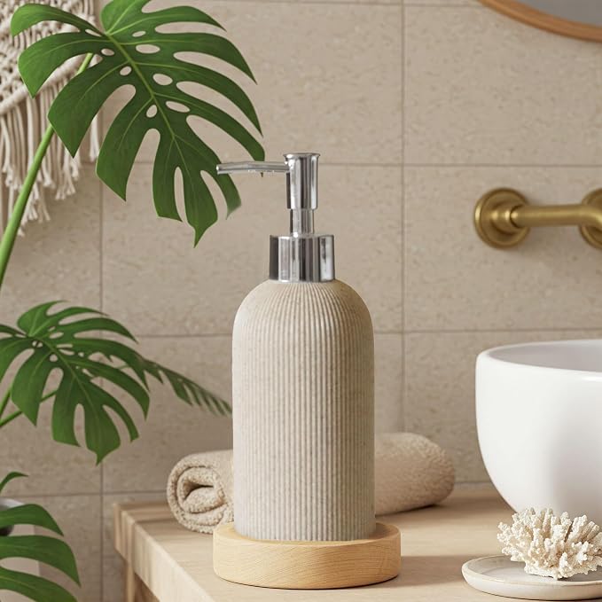 Ribbed Ceramic Hand Soap Dispenser with Chrome Pump - Warm Beige (200ml)