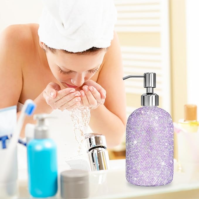 Vintage Embossed Glass Soap Dispenser with Stainless Steel Pump - Purple (500ml)