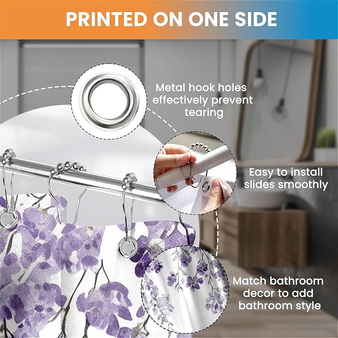 Wisteria Floral Anti-Mould Shower Curtain with 12 Hooks - Lavender (180 x 180cm)