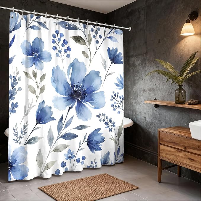Heritage Blue Floral Printed Shower Curtain with Hooks (180 x 180cm)