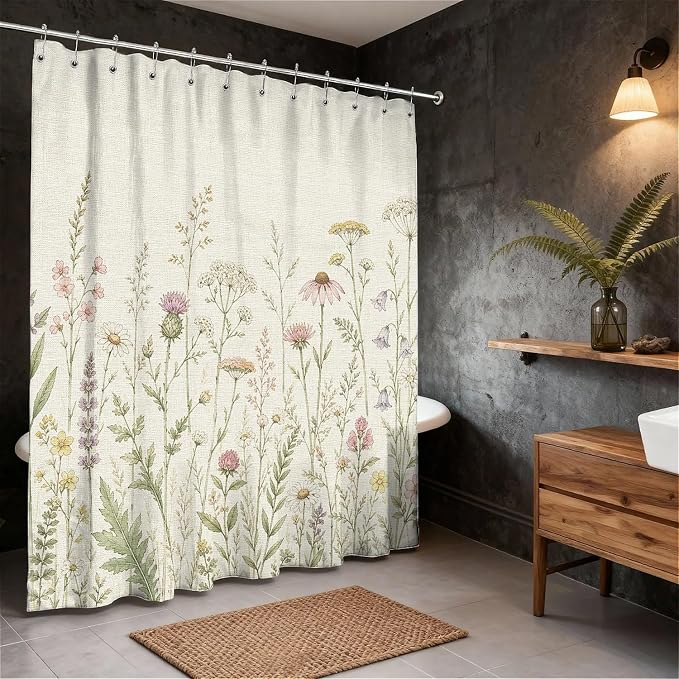 English Wildflower Meadow Shower Curtain with Hooks - Warm Beige (180 x 180cm)