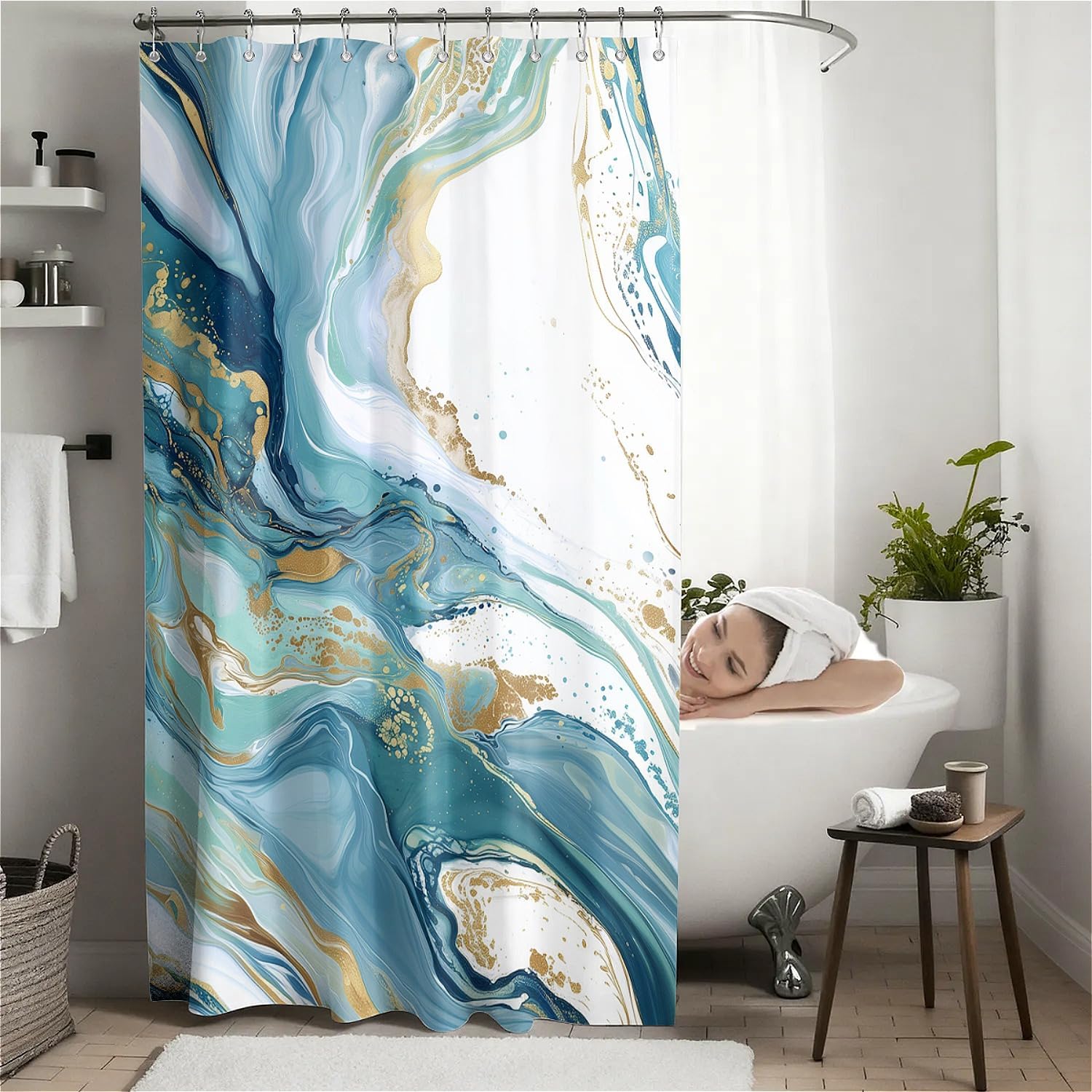 Marble Effect Waterproof Shower Curtain with Hooks - Classic Blue (180 x 180cm)