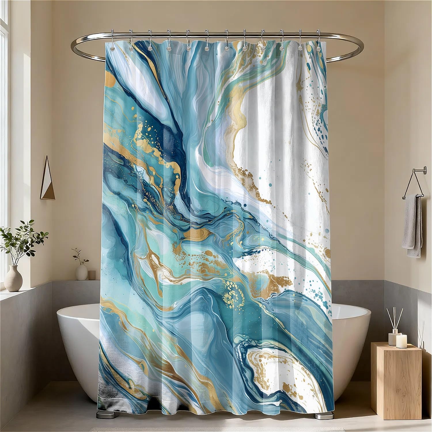 Marble Effect Waterproof Shower Curtain with Hooks - Classic Blue (180 x 180cm)