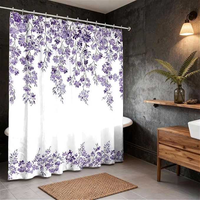 Wisteria Floral Anti-Mould Shower Curtain with 12 Hooks - Lavender (180 x 180cm)