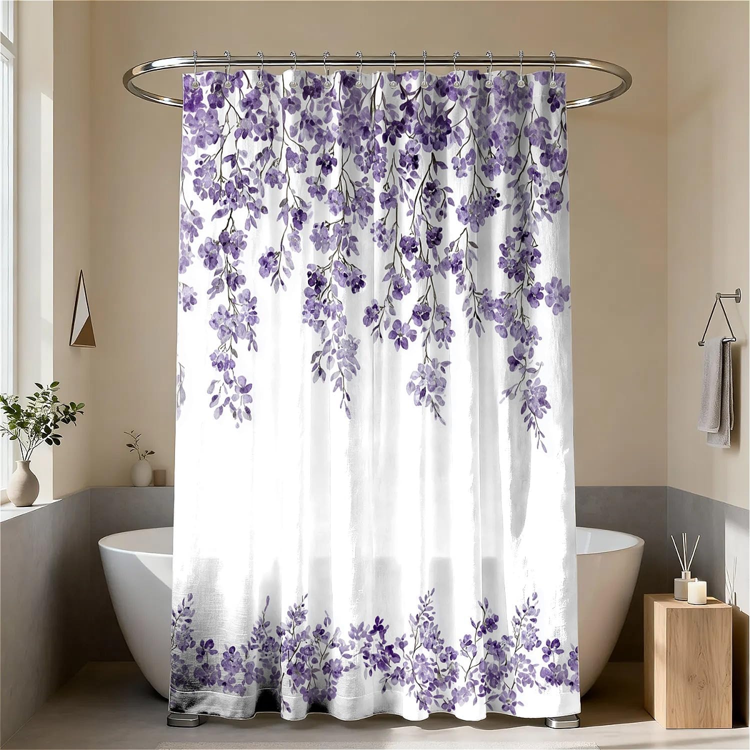 Wisteria Floral Anti-Mould Shower Curtain with 12 Hooks - Lavender (180 x 180cm)