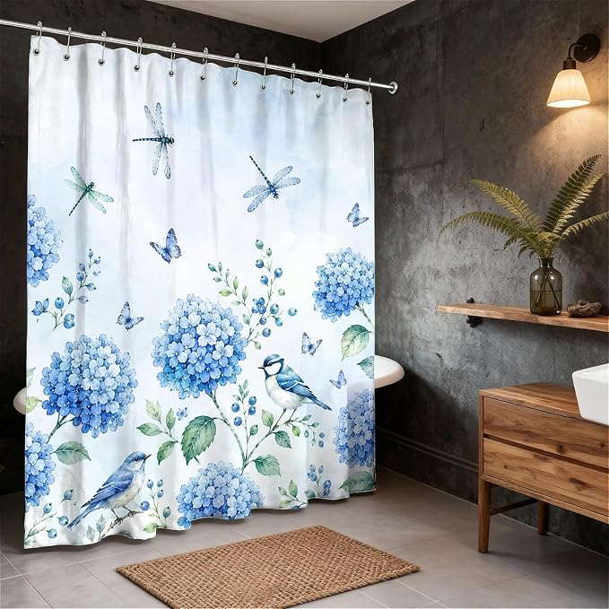 Hydrangea Floral Anti-Mould Shower Curtain with 12 Hooks - Blue (180 x 180cm)
