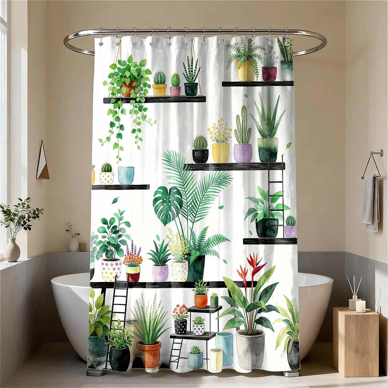 Botanical Shelf Print Water-Repellent Shower Curtain with Hooks (180 x 180cm)