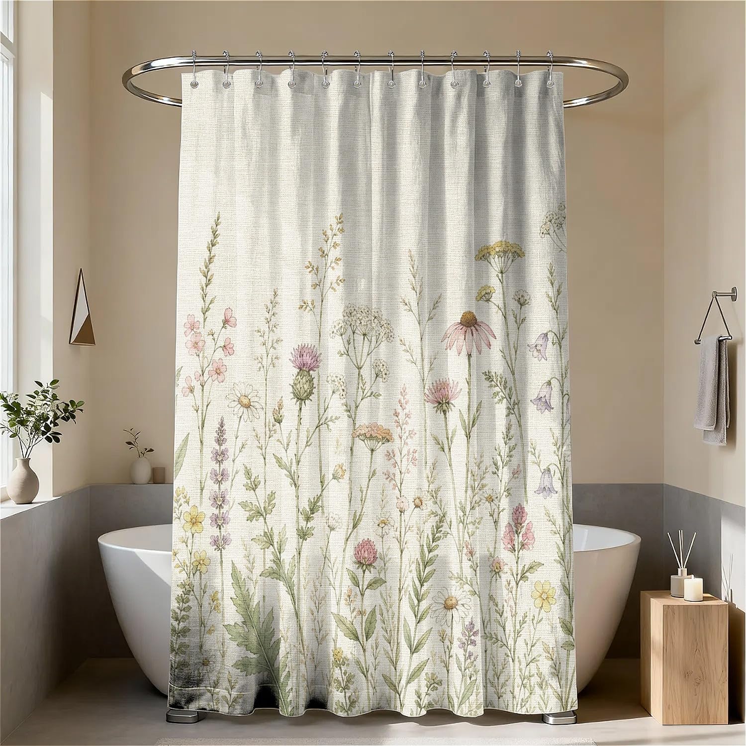 English Wildflower Meadow Shower Curtain with Hooks - Warm Beige (180 x 180cm)