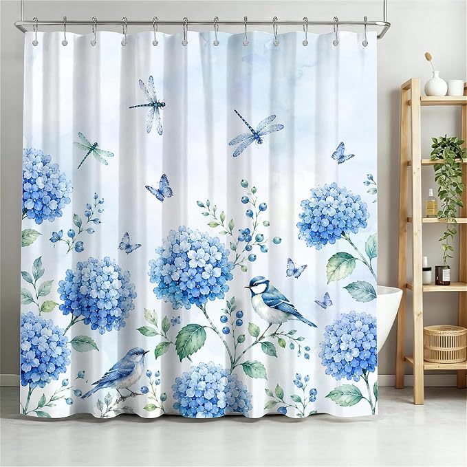Hydrangea Floral Anti-Mould Shower Curtain with 12 Hooks - Blue (180 x 180cm)
