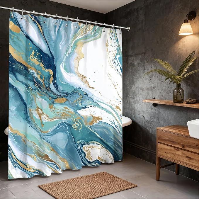 Marble Effect Waterproof Shower Curtain with Hooks - Classic Blue (180 x 180cm)