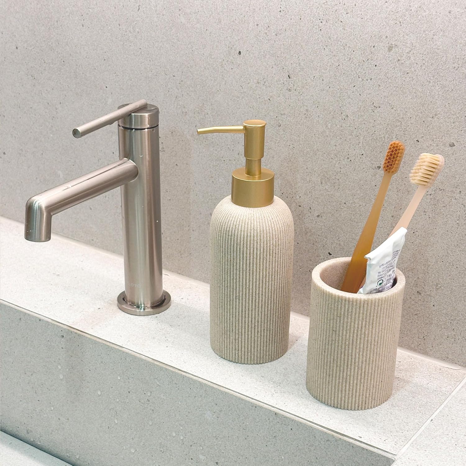 Sandstone Textured Soap Dispenser with Brushed Brass Pump - Sand Beige (200ml)