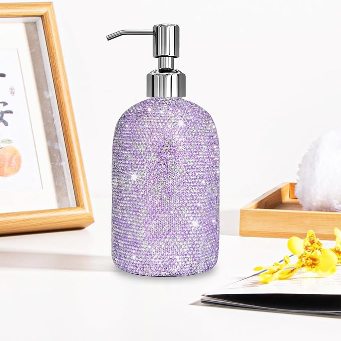 Vintage Embossed Glass Soap Dispenser with Stainless Steel Pump - Purple (500ml)