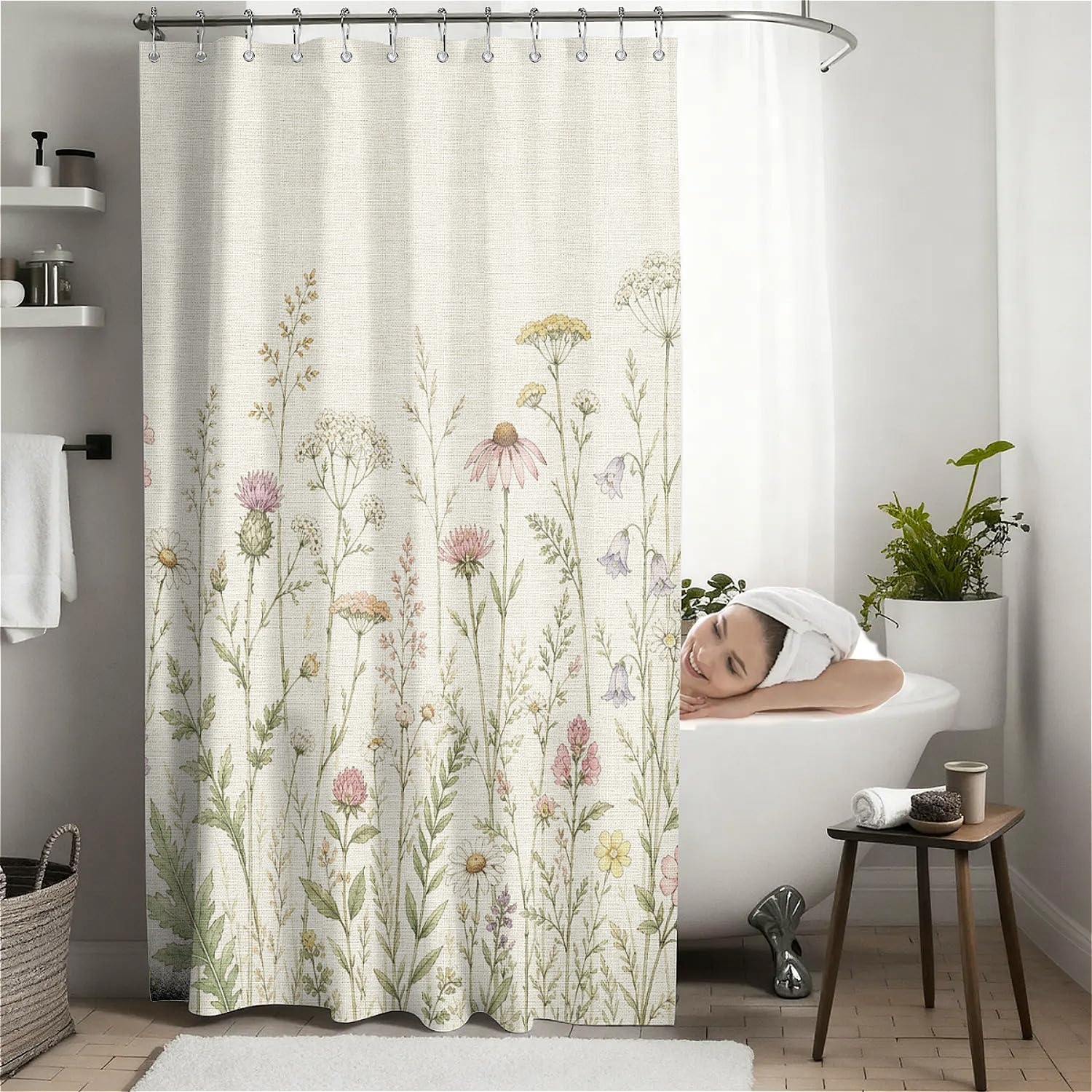 English Wildflower Meadow Shower Curtain with Hooks - Warm Beige (180 x 180cm)