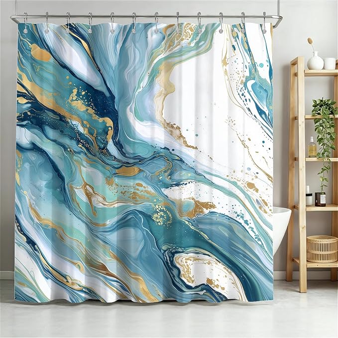 Marble Effect Waterproof Shower Curtain with Hooks - Classic Blue (180 x 180cm)