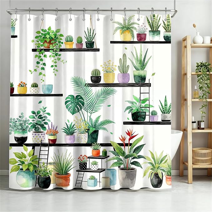 Botanical Shelf Print Water-Repellent Shower Curtain with Hooks (180 x 180cm)