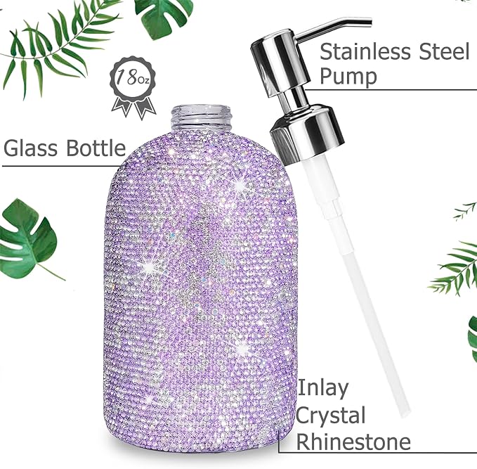 Vintage Embossed Glass Soap Dispenser with Stainless Steel Pump - Purple (500ml)