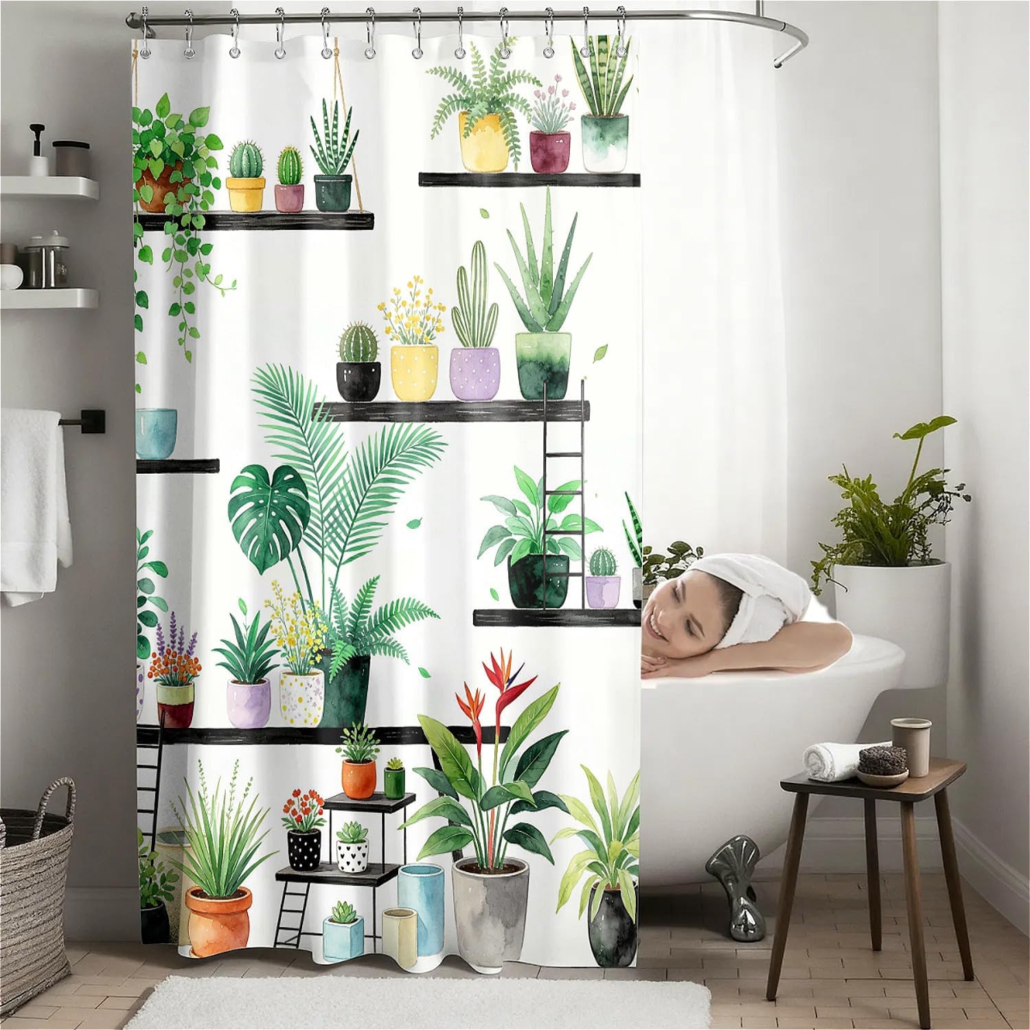 Botanical Shelf Print Water-Repellent Shower Curtain with Hooks (180 x 180cm)