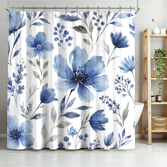Heritage Blue Floral Printed Shower Curtain with Hooks (180 x 180cm)