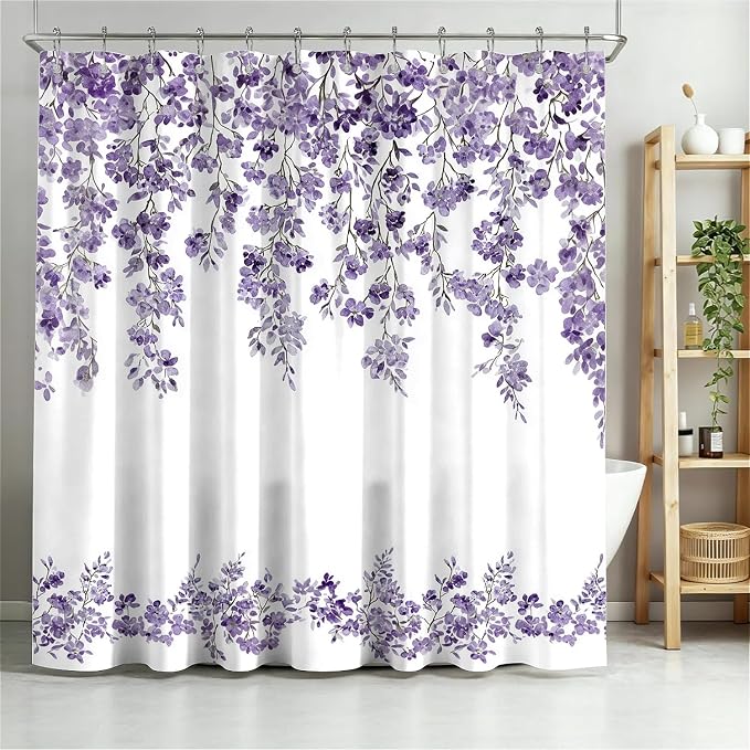 Wisteria Floral Anti-Mould Shower Curtain with 12 Hooks - Lavender (180 x 180cm)