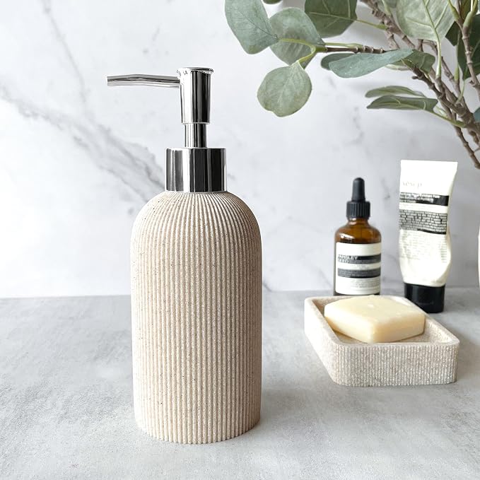 Ribbed Ceramic Hand Soap Dispenser with Chrome Pump - Warm Beige (200ml)