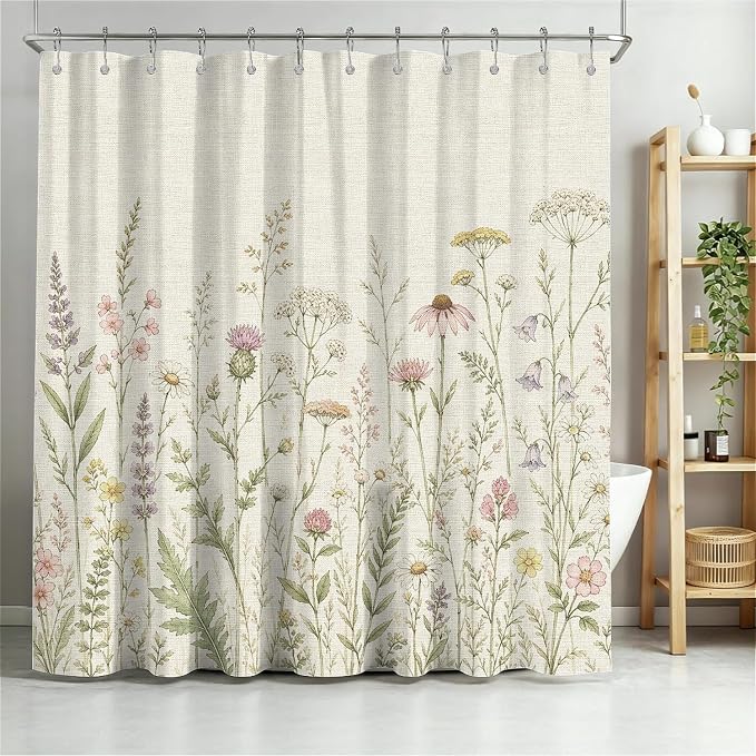 English Wildflower Meadow Shower Curtain with Hooks - Warm Beige (180 x 180cm)
