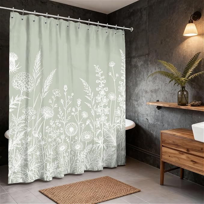 Botanical Foliage Printed Shower Curtain with Hooks - White & Green (180 x 180cm)