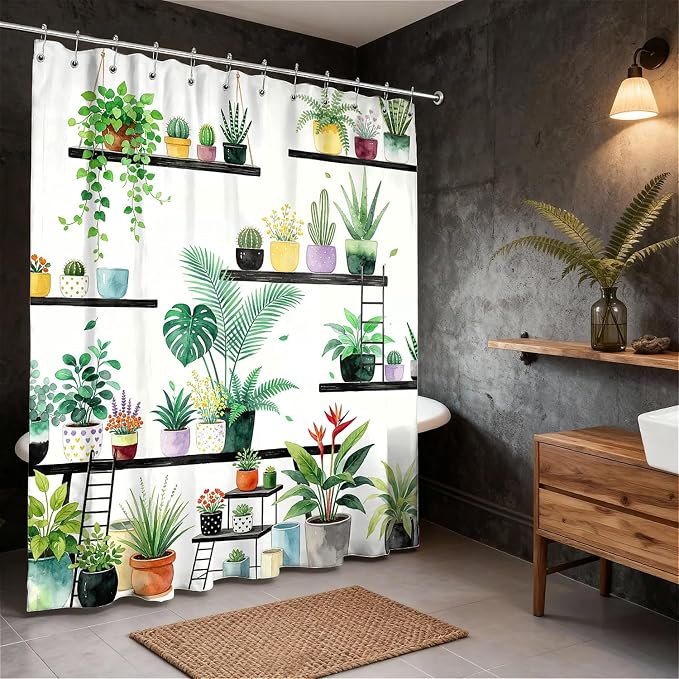 Botanical Shelf Print Water-Repellent Shower Curtain with Hooks (180 x 180cm)