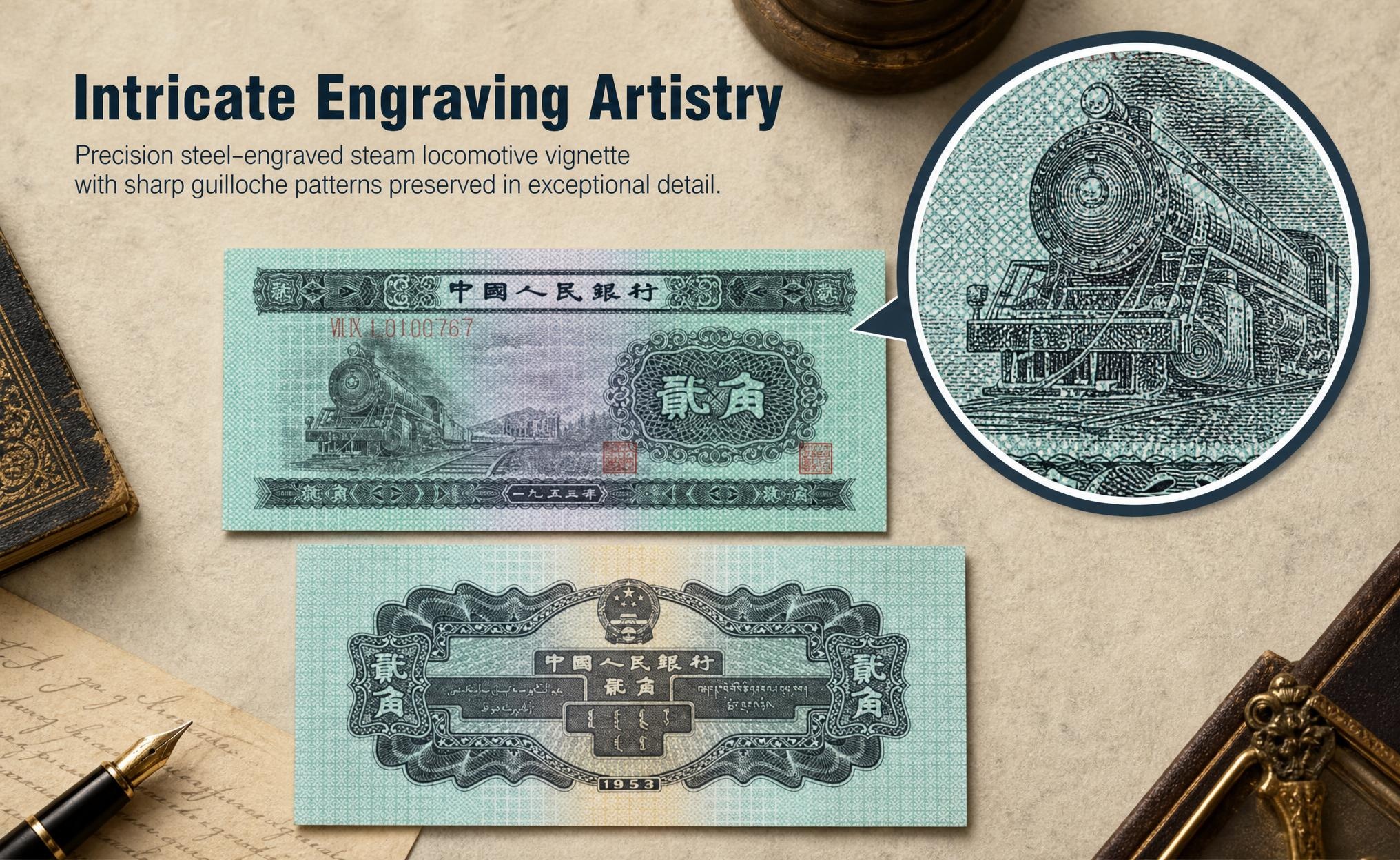 Uncirculated 1953 2 Jiao RMB Banknote (Train Head 2 Jiao), 2nd Set RMB, Genuine Note