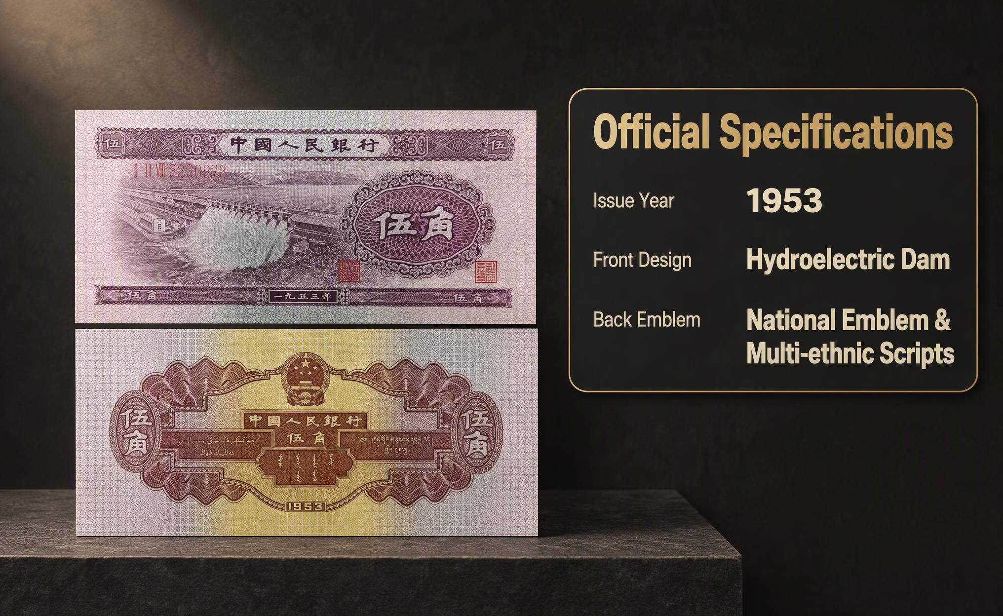 Uncirculated 1953 5 Jiao RMB Banknote (Dam 5 Jiao / Hydropower Station), 2nd Set RMB, Genuine Note