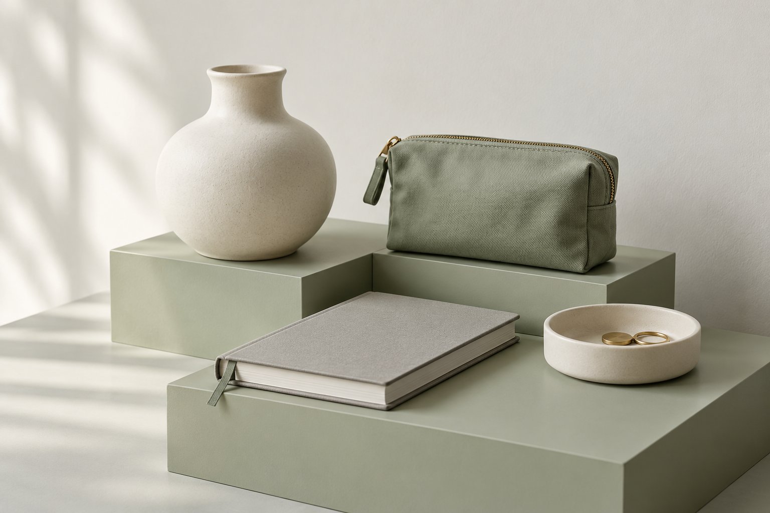 Illustrative still life of ceramic, stationery and fabric objects on pale sage blocks