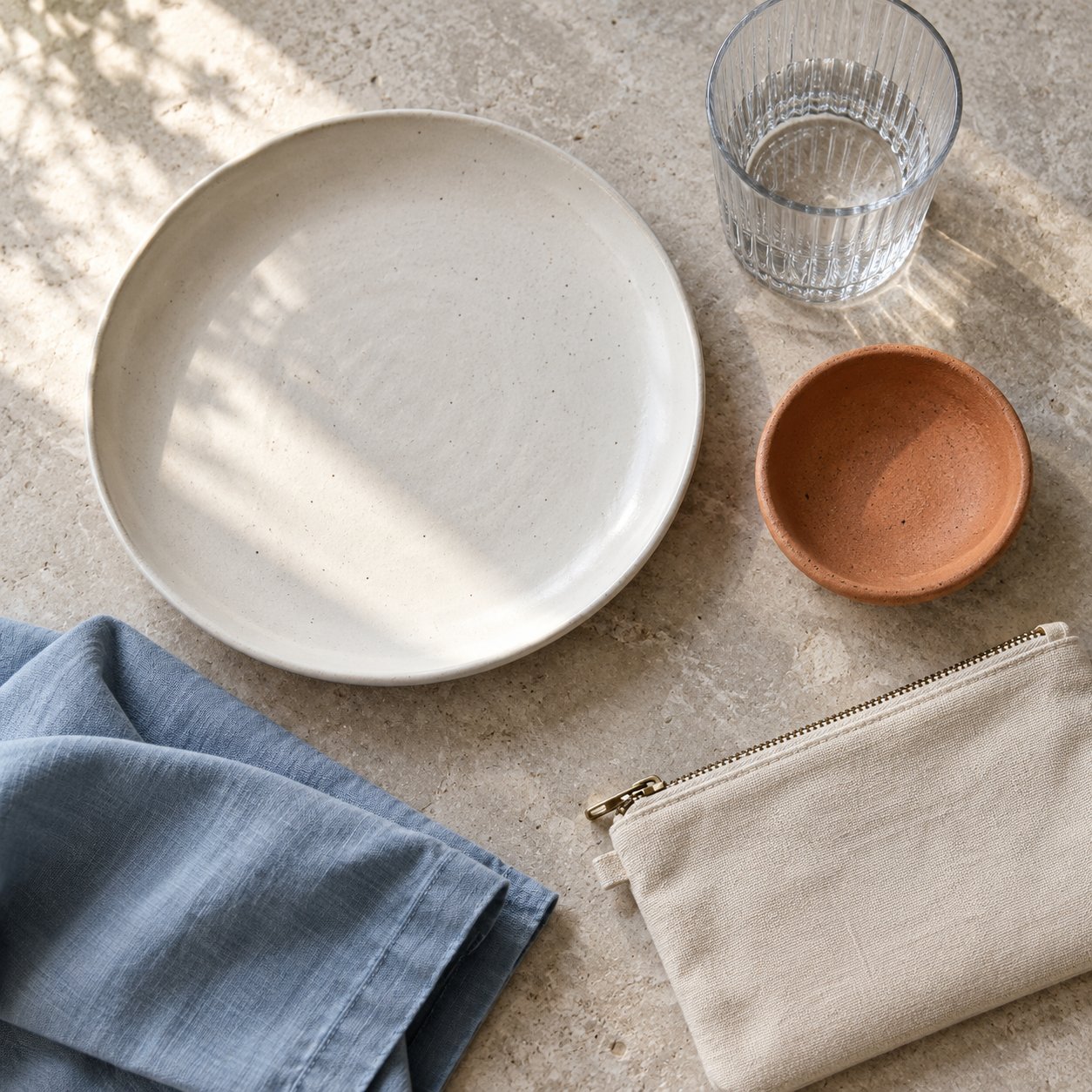 A white ceramic plate, ribbed glass, terracotta dish, blue cotton cloth and canvas pouch on pale limestone