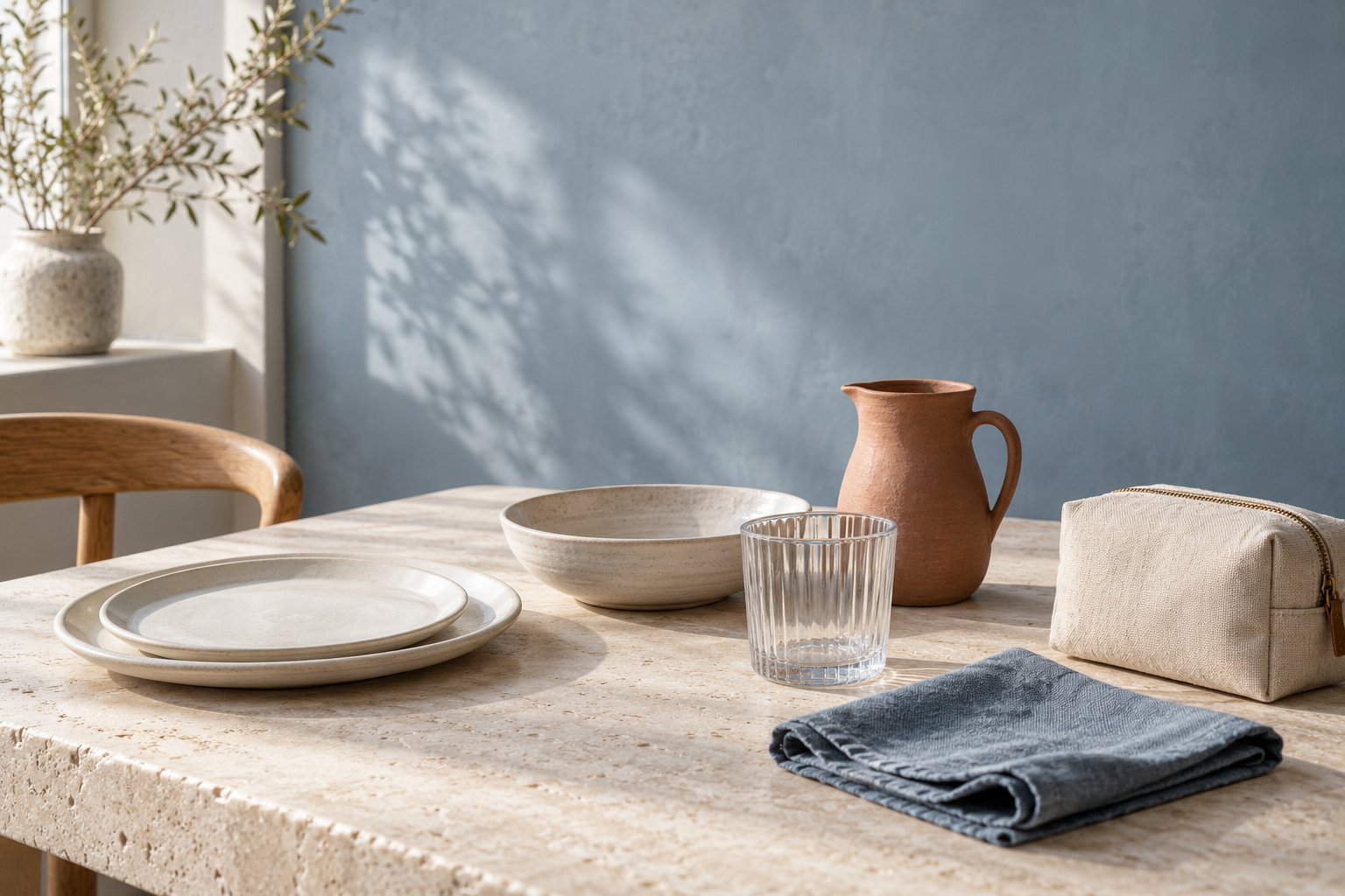 Ivory ceramic tableware, ribbed glass, terracotta pitcher, blue napkin and canvas pouch on a pale stone table