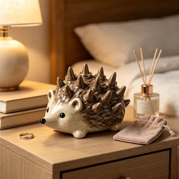 Hedgehog organizer on a bedside table