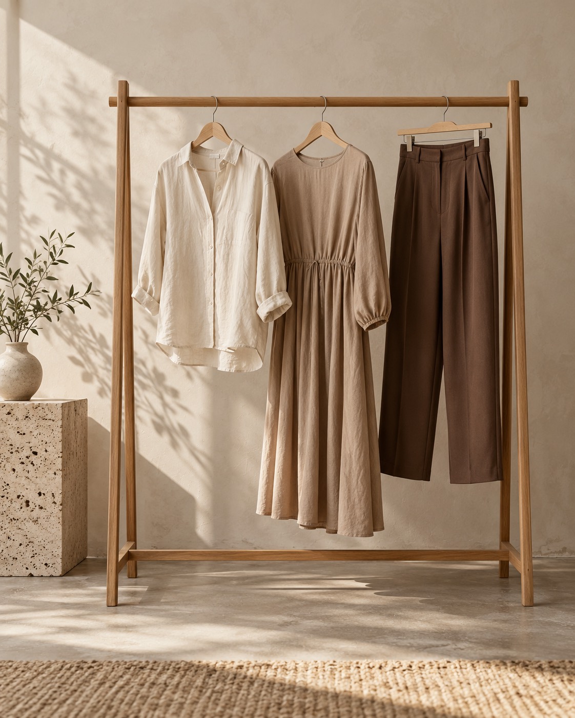 Unbranded women's garments arranged in a neutral wardrobe setting