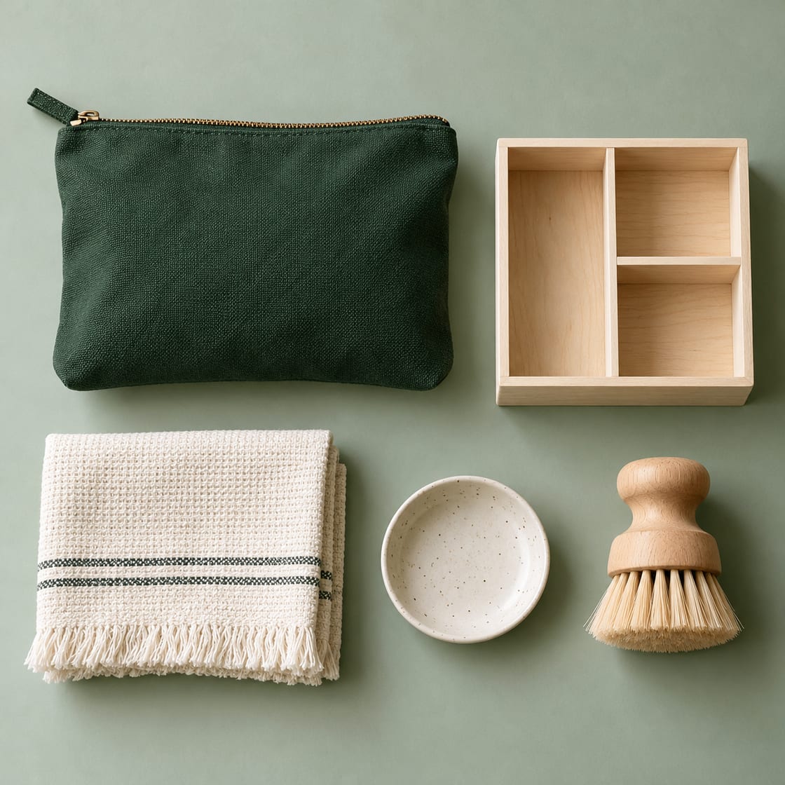 Forest green pouch, pale wood organizer, cream cotton cloth and ivory dish arranged from above