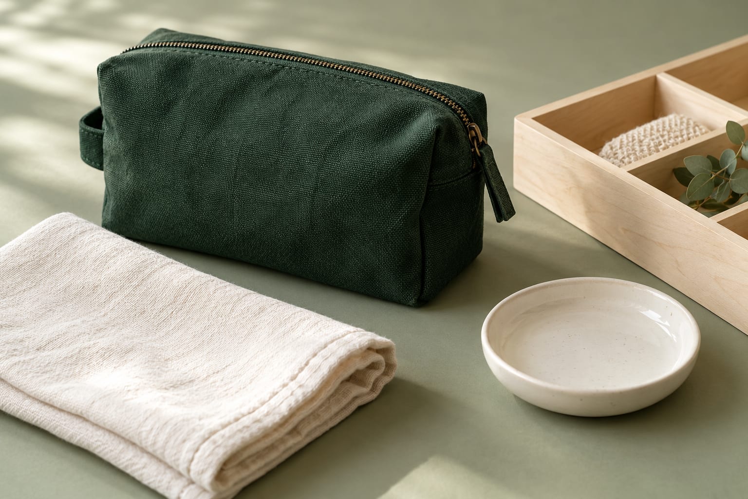 Forest green pouch, cotton cloth and pale wood tray in a close everyday still life