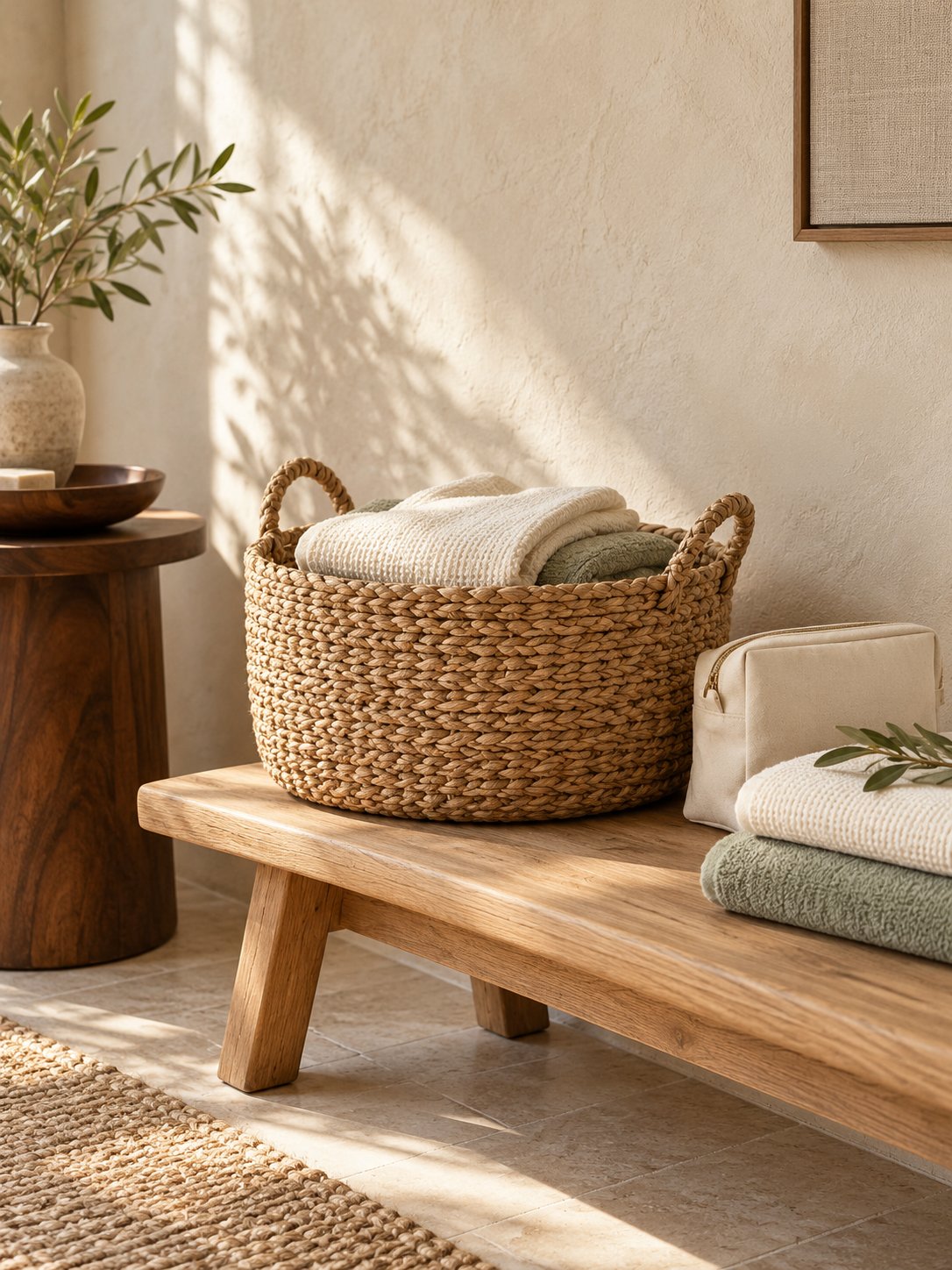 Woven storage basket with folded ivory and sage towels and a canvas pouch on an oak bench