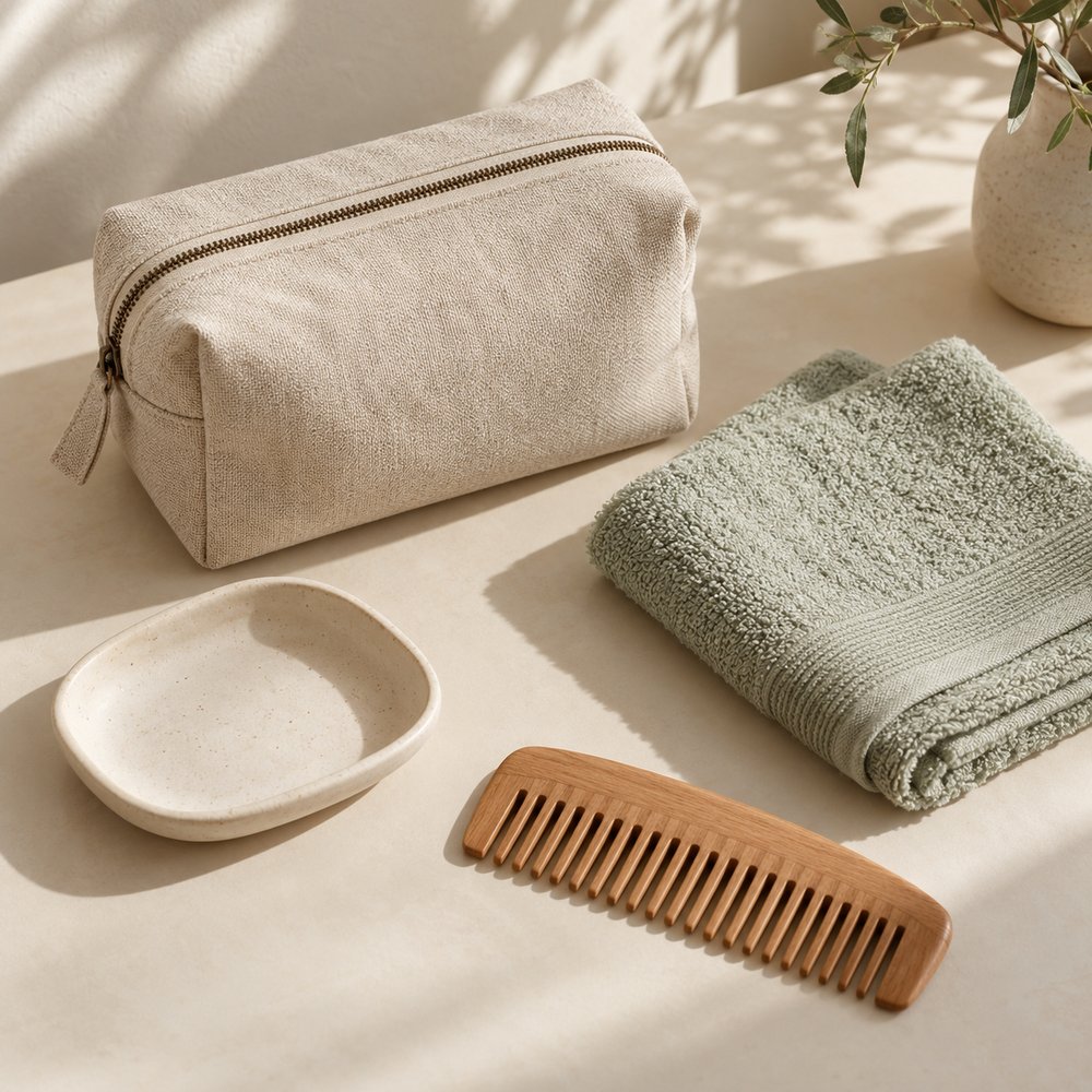 Canvas organiser, sage hand towel, ceramic tray and wooden comb on a cream tabletop