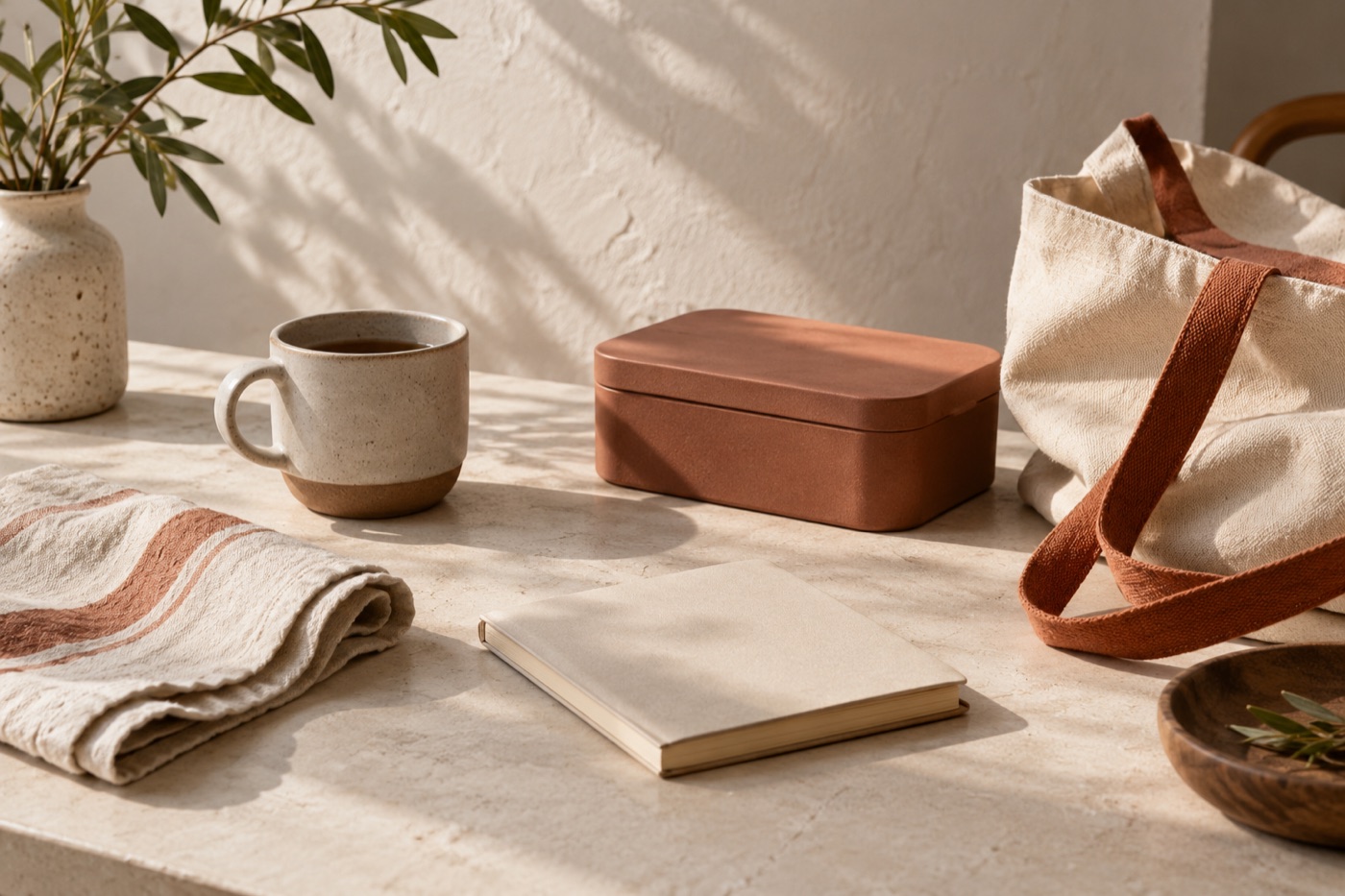 A considered selection of everyday objects in a warm neutral setting