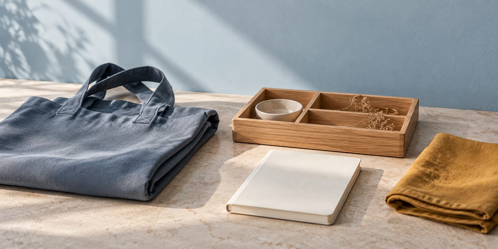 Slate blue canvas bag, pale oak organizer and ivory notebook on a light stone surface
