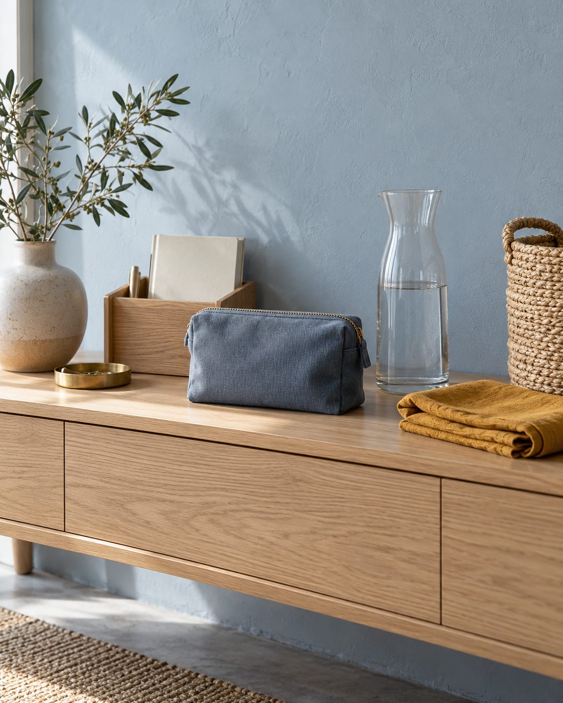 Everyday organizers, a canvas pouch and glass carafe on a light oak console