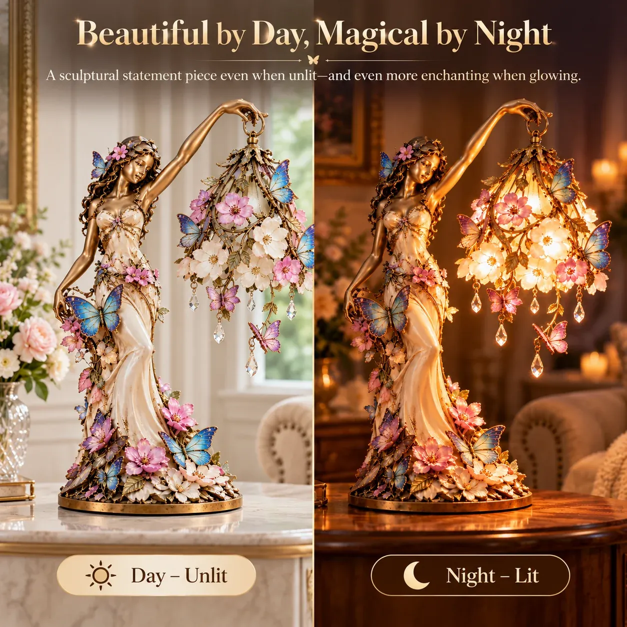 🦋 Butterfly Lady Accent Lamp – Elegant Floral Goddess Light with Crystal Drops🌸🎁