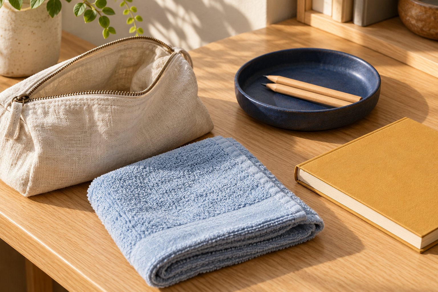 Linen pouch, pale blue hand towel and navy ceramic dish on an oak desk