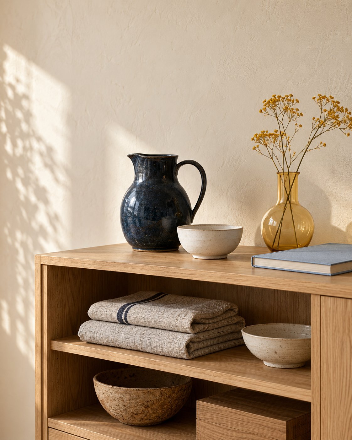 A light oak cabinet with navy ceramics, folded linen and everyday objects