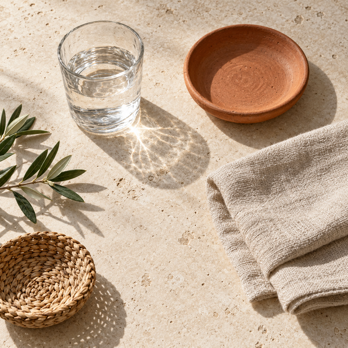 Illustrative glass, ceramic and linen everyday objects in soft light