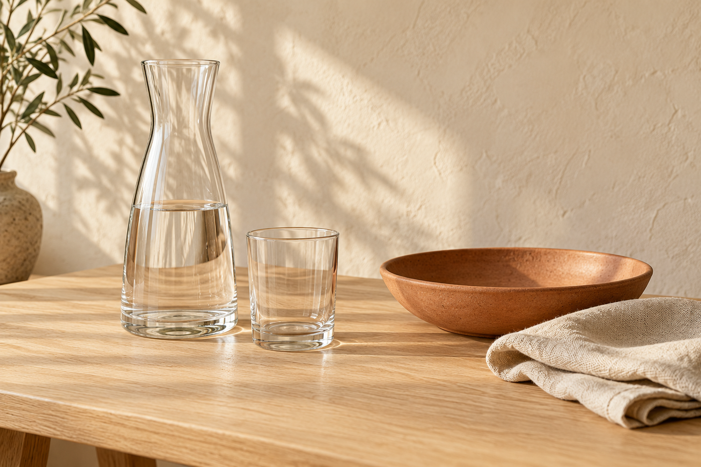 Illustrative glass carafe, tumbler, terracotta bowl and linen in a warm setting