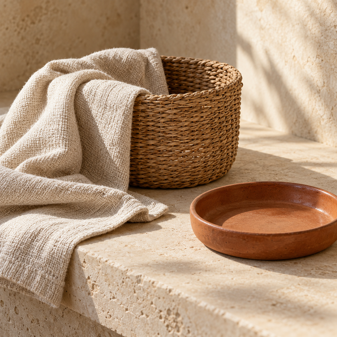 Illustrative woven basket, cotton cloth and terracotta dish