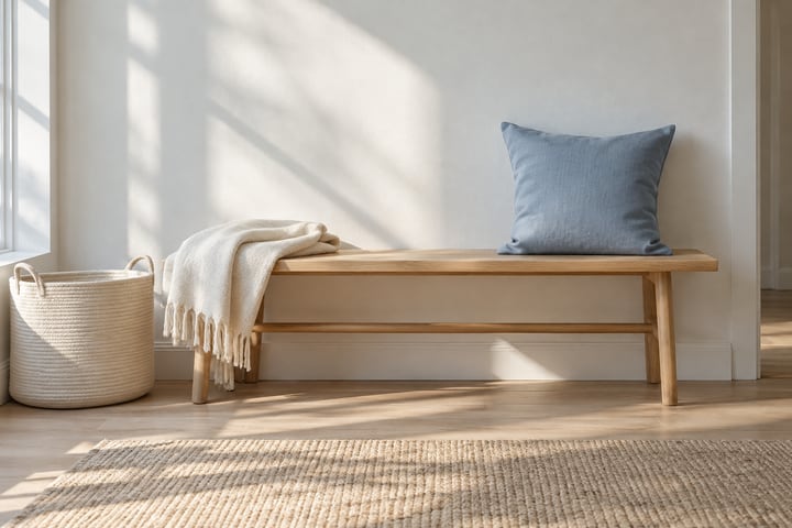 Mist-blue cushion, ivory throw and textile basket beside a light oak bench