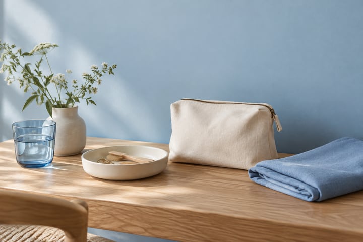 Canvas pouch, blue cloth, ivory dish and pale-blue glass on light oak